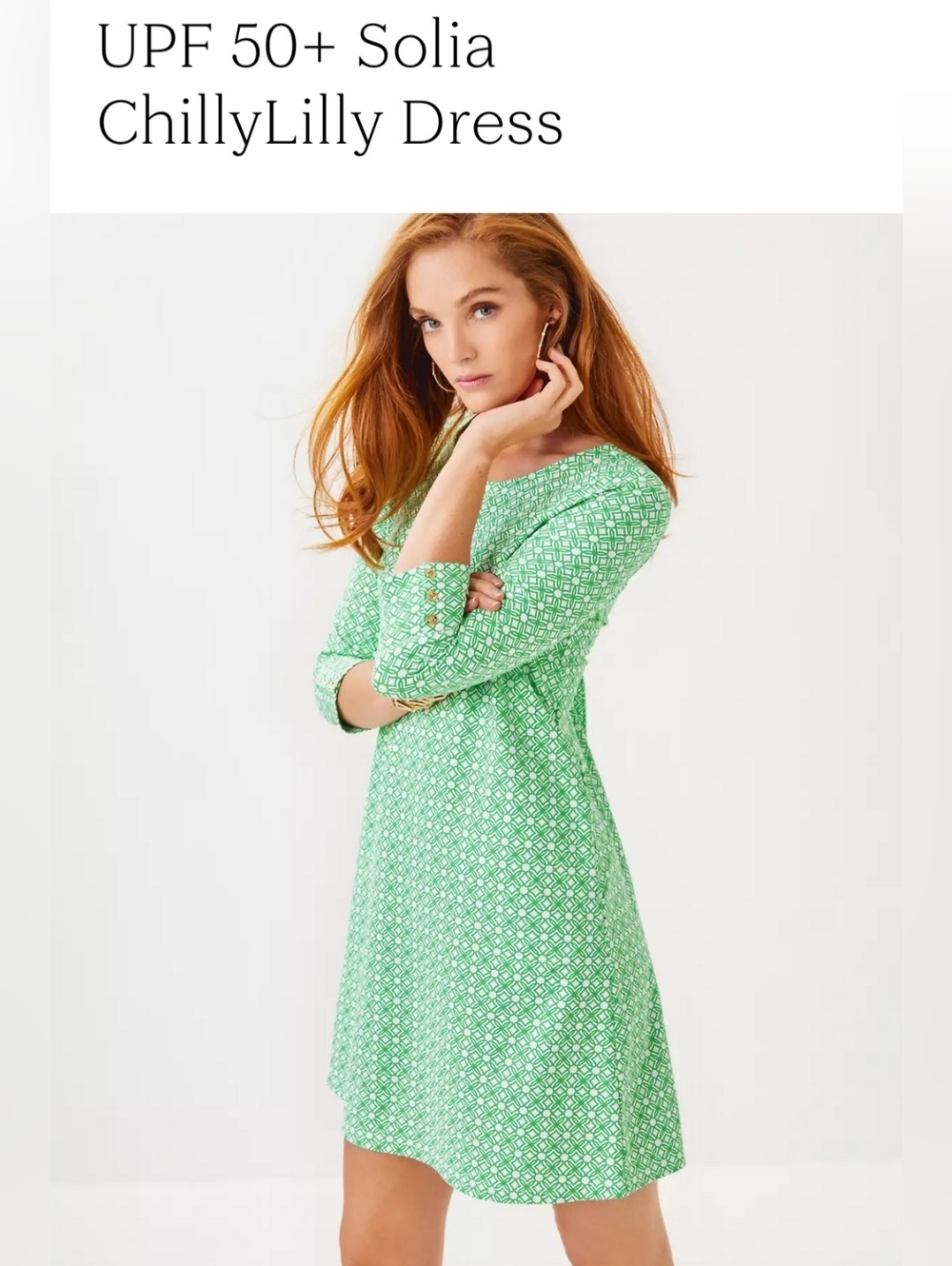 Lilly Pulitzer Chilly Lilly Solia UPF 50 Green White Geometric LS Dress XXL - Picture 3 of 14